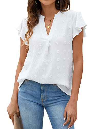 Blooming Jelly Womens White Blouse V Neck Ruffle Sleeve
