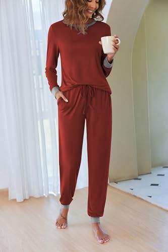 Ekouaer Women's Long Sleeve Pj Soft Crew Neck Pajama Long Sleeve Sweatshirt with Long Pants Red Plaid,Medium
