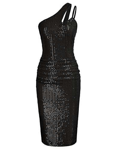 GRACE KARIN Women Sexy Sequin Cutout Bodycon One Shoulder Ruched Cocktail Dress Black S