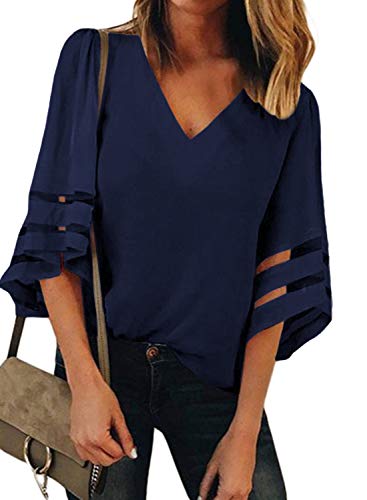 onlypuff Women Solid Color V Neck 3/4 Bell Sleeves Blouses Shirt Tunic Tops DarkBlue M