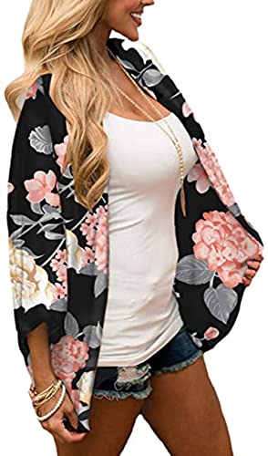 Naivikid Women's Summer Floral Print Kimonos Loose Half Sleeve Chiffon Cardigan Blouses Casual Cover Up White Red Flowers L