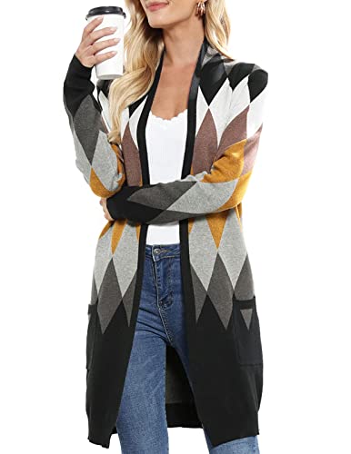 GRACE KARIN Women's Cardigan Sweater Color Block Long Sleeve Casual Long Sleeve Argyle Black S