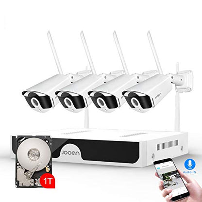 JOOAN Wireless Security Camera System 3MP Outdoor【8CH H.265+ & Audio】 8CH NVR&4Pcs HD1296P Surveillance Cameras,Waterproof&Great Night Vision,Motion Human Detection&Email Alarm(1TB HDD pre-Installed)