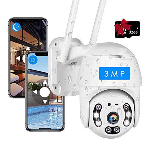 Outdoor Security Camera, 2022 Upgraded WiFi Camera Surveillance, 1296P FHD Security Camera Outdoor, Color Night Vision, Humanoid Detection, PTZ, IP66, 2-Way Talk, 32G SD Card Included, Wired