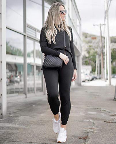 PRETTYGARDEN Women's 2023 Fall Two Piece Outfit Long Sleeve Crewneck Pullover Tops And Long Pants Tracksuit (Black,X-Large)