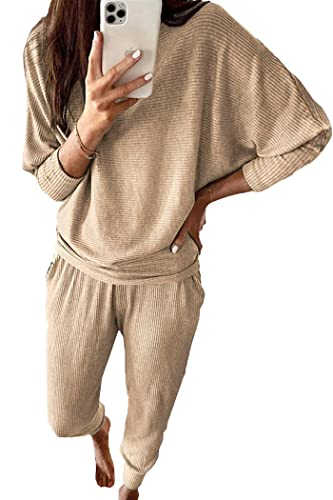 PRETTYGARDEN Women's 2023 Fall Fashion Outfits 2 Piece Sweatsuit Solid Color Long Sleeve Pullover Long Pants (Khaki,XX-Large)