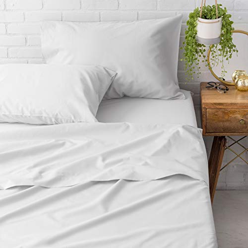 Welhome Soft Finish 100% Cotton Percale Sheet | 4 Piece Set | Full Size | White |