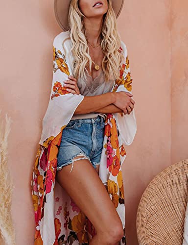 Bsubseach Loose Printed 3/4 Sleeve Kimono Cardigan