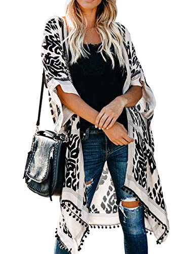 Bsubseach Loose Printed 3/4 Sleeve Kimono Cardigan