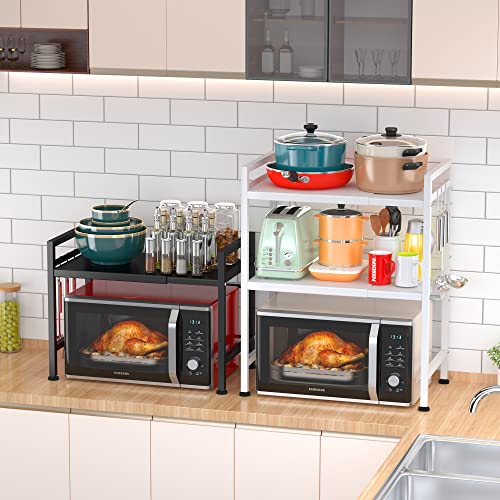 PUSDON Extendable Microwave Oven Rack, Adjustable Microwave/Toaster Shelf Heavy Duty Stand Kitchen Counter Top Organizer(L15.7~23.6" xW12.6 xH18.9), 2-Tier with 3 Hooks, 160lbs Weight Capacity, White