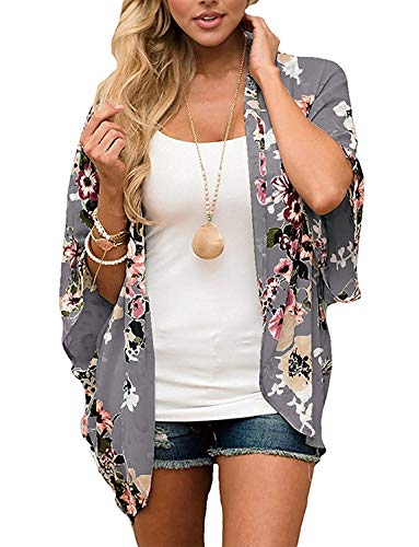 Naivikid Womens Floral Print Loose Puff Sleeve Kimono Cardigan Lace Patchwork Cover Up Blouse Lotus Root Gray 01 L