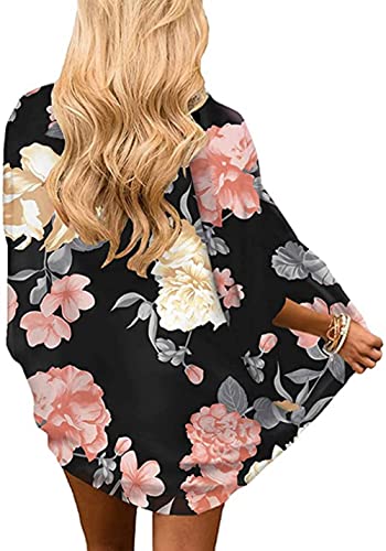 Naivikid Women's Summer Floral Print Kimonos Loose Half Sleeve Chiffon Cardigan Blouses Casual Cover Up White Red Flowers L
