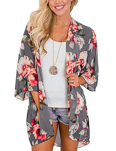 Naivikid Women's Summer Floral Print Kimonos Loose Half Sleeve Chiffon Cardigan Blouses Casual Cover Up Tibetan Blue Flower XXL