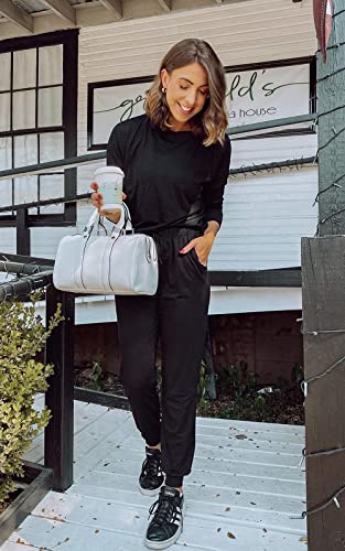 PRETTYGARDEN Women's 2023 Fall Two Piece Outfit Long Sleeve Crewneck Pullover Tops And Long Pants Tracksuit (Black,X-Large)