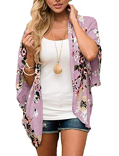 sumtaplor Women's Floral Kimono Cardigans Chiffon Casual Loose Open Front Cover Ups Tops Deep Pink S