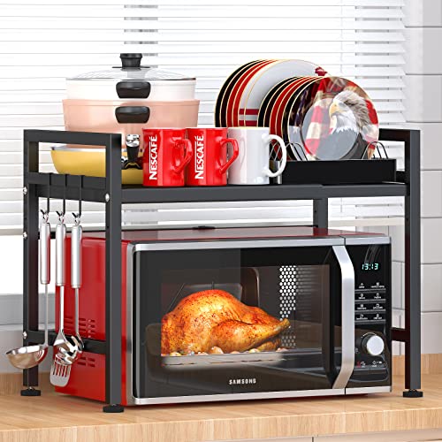 PUSDON Extendable Microwave Oven Rack, Adjustable Microwave/Toaster Shelf Heavy Duty Stand Kitchen Counter Top Organizer(L15.7~23.6" xW12.6 xH18.9), 2-Tier with 3 Hooks, 160lbs Weight Capacity, White