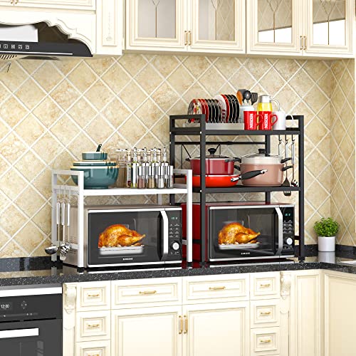 PUSDON Extendable Microwave Oven Rack, Adjustable Microwave/Toaster Shelf Heavy Duty Stand Kitchen Counter Top Organizer(L15.7~23.6" xW12.6 xH18.9), 2-Tier with 3 Hooks, 160lbs Weight Capacity, White