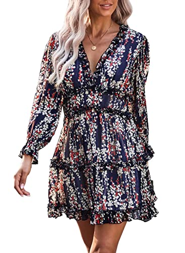 Dokotoo Women Dresses Cute Spring Boho Fall Casual Sexy Deep V Neck Ruffle Chiffon Lantern Long Sleeve Elegant Floral Printed Hawaiian Flowy Mini Short Skirt Dresses for Women Party 2022 X-Large