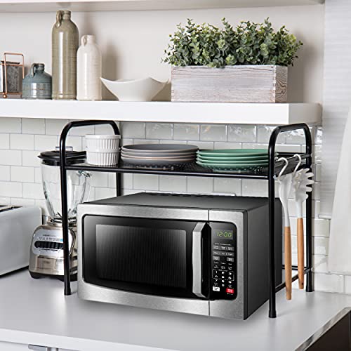 Mind Reader Elevate Collection, Microwave Oven Rack, Utility Shelf for Utensils, Cook Books, Towels, Pot Holders and Accessories, 2 Hooks, Metal, Black