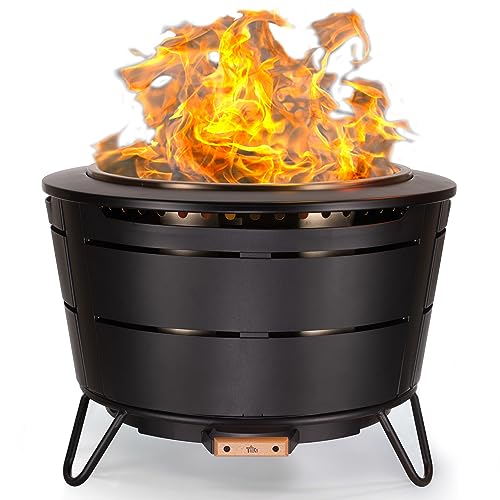 TIKI Brand Smokeless 24.75 in. Patio Fire Pit, Wood Burning Outdoor Fire Pit - Includes Wood Pack, Modern Design with Removable Ash Pan and Weather Resistant Cover, Black