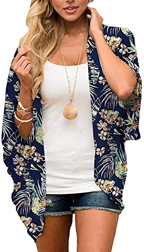 Naivikid Women's Summer Floral Print Kimonos Loose Half Sleeve Chiffon Cardigan Blouses Casual Cover Up White Red Flowers L