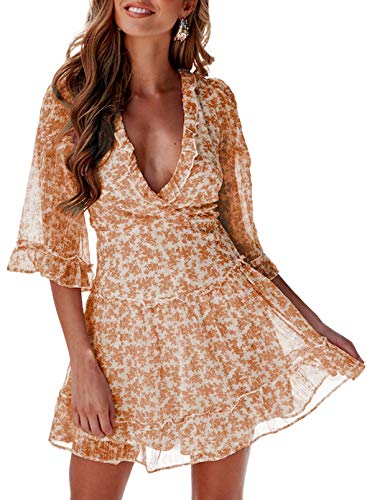 Dokotoo Women Dresses Cute Spring Boho Fall Casual Sexy Deep V Neck Ruffle Chiffon Lantern Long Sleeve Elegant Floral Printed Hawaiian Flowy Mini Short Skirt Dresses for Women Party 2022 X-Large