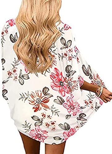 Naivikid Women's Summer Floral Print Kimonos Loose Half Sleeve Chiffon Cardigan Blouses Casual Cover Up White Red Flowers L