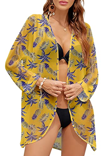 PCEAIIH Women's Floral Kimono Cardigans Chiffon Casual Loose Open Front Cover Ups Tops(Small, Black)
