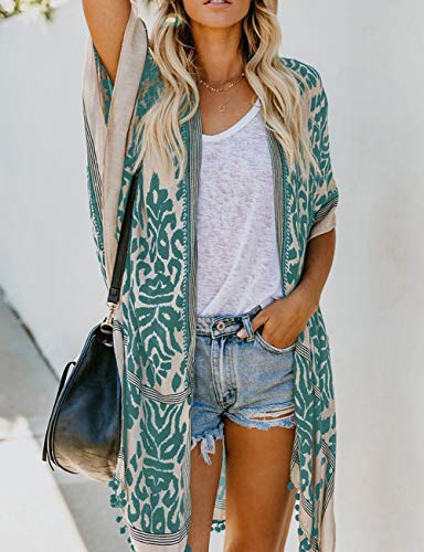 Bsubseach Loose Printed 3/4 Sleeve Kimono Cardigan