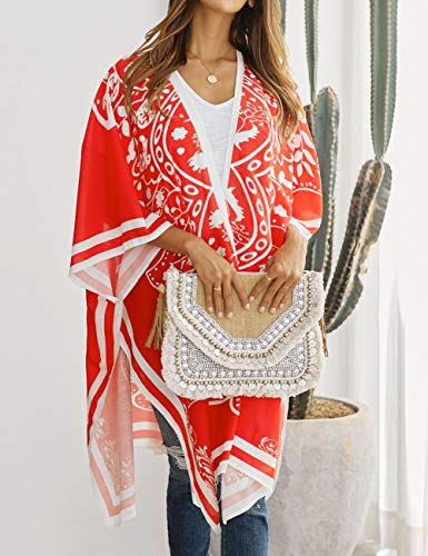 Bsubseach Loose Printed 3/4 Sleeve Kimono Cardigan