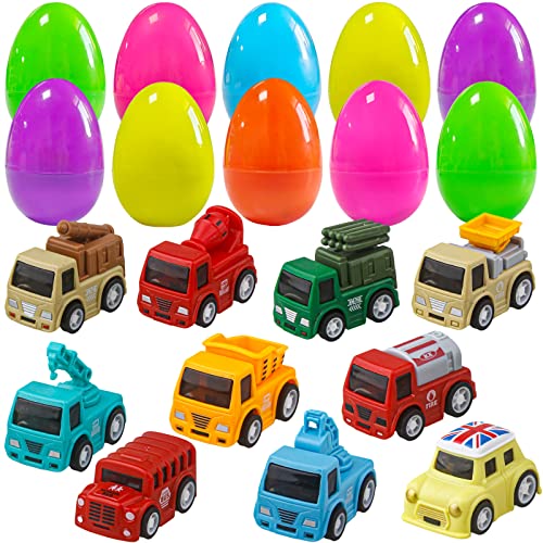 Dokeawo Easter Eggs Filled with Toys, 10Pcs Easter Eggs with 10Pcs Mini Pull-back Car Toys for Easter Egg Hunt, Easter Gifts for Kids, Easter Basket Stuffers for Kids