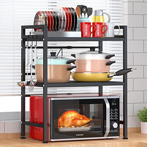 PUSDON Extendable Microwave Oven Rack, Adjustable Microwave/Toaster Shelf Heavy Duty Stand Kitchen Counter Top Organizer(L15.7~23.6" xW12.6 xH18.9), 2-Tier with 3 Hooks, 160lbs Weight Capacity, White