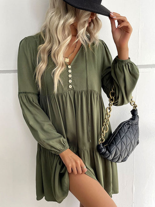 Buttoned Puff Sleeve Tiered Dress