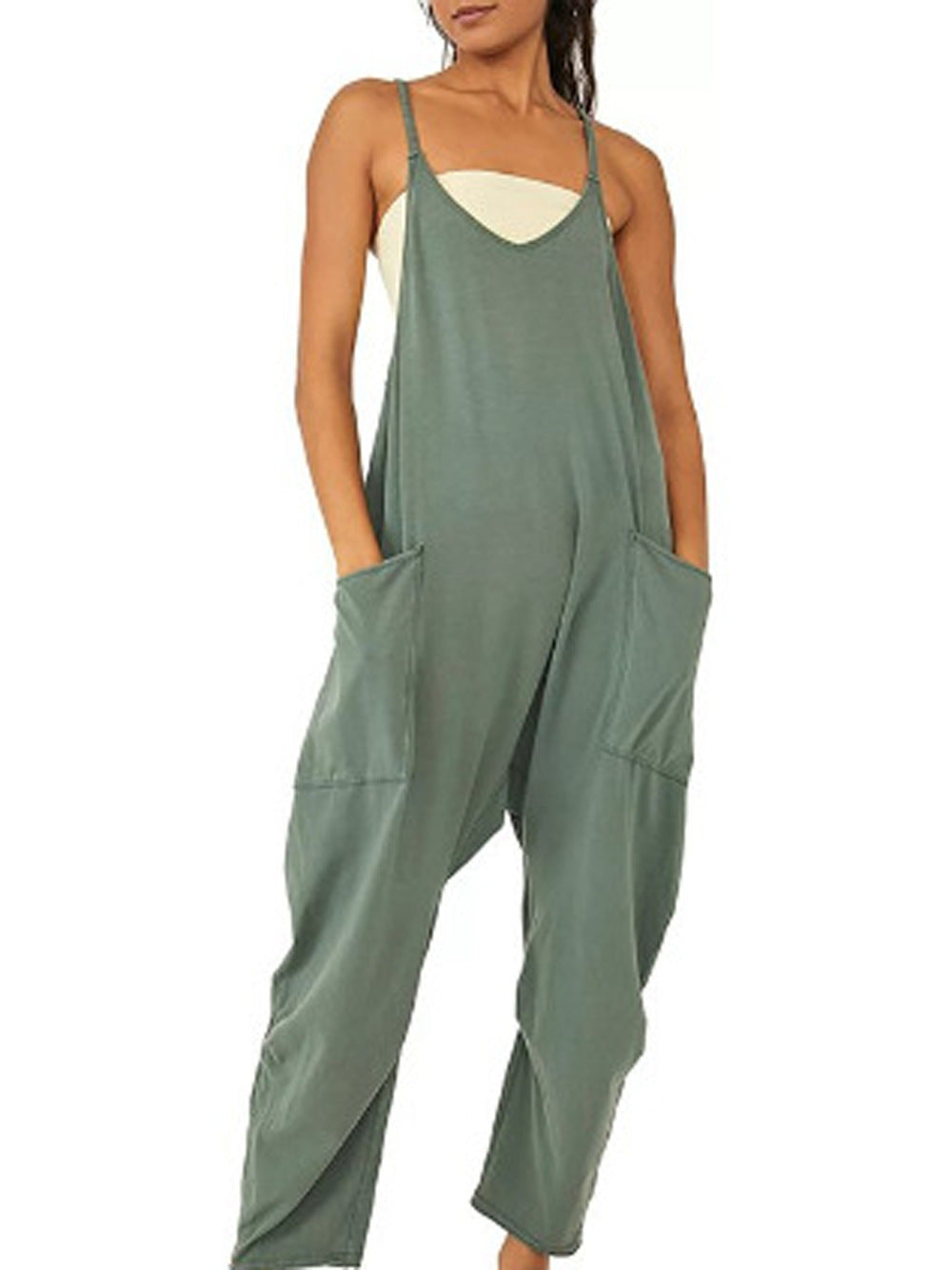 Summer Women's Loose Sleeveless Jumpsuits Spaghetti Strap Stretchy Long Pant Romper Jumpsuit With Pockets Zipper